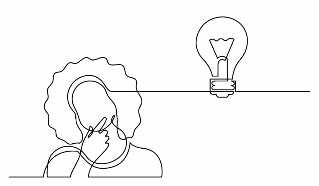 Line drawing of a woman thinking. A lightbulb is drawn next to her.