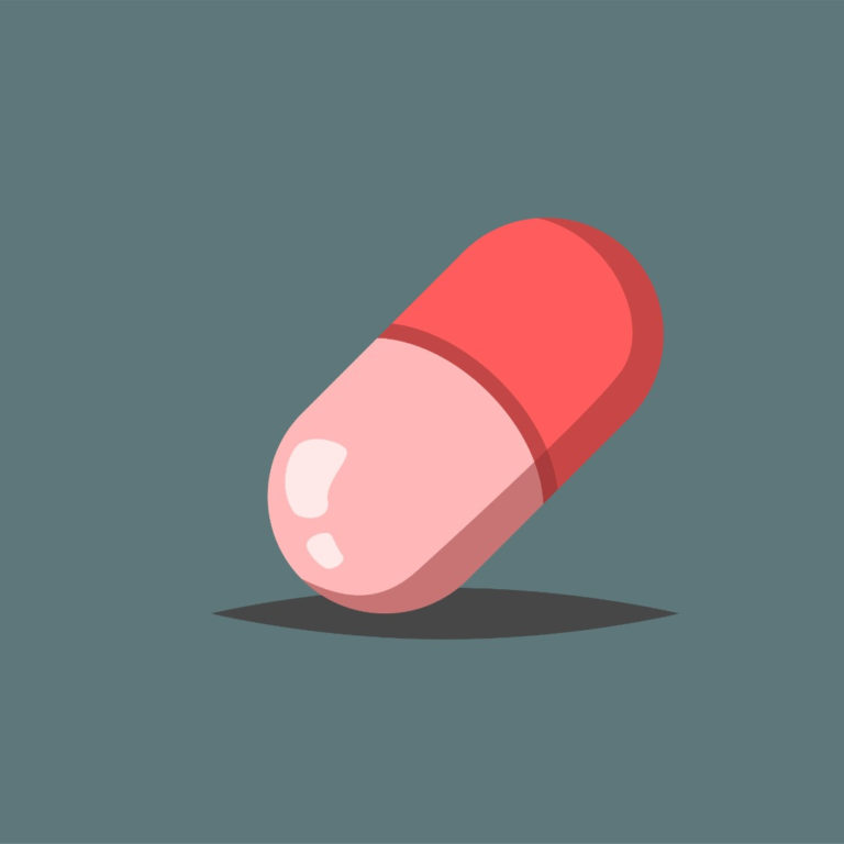 Illustrated pink and red capsule on a blue-gray background.